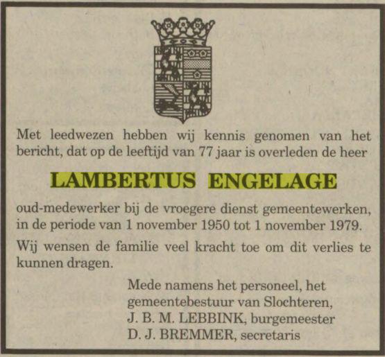 overlijdensadvertentie lambertus engelage van de gemeente in 1993.